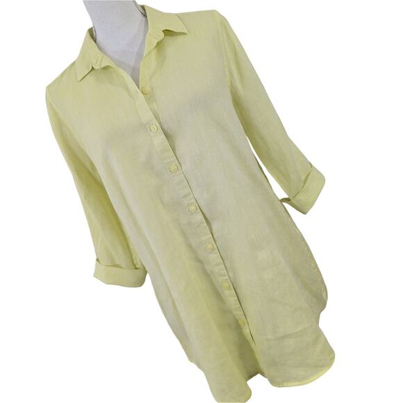CHICO'S! LINEN LUXE! PALE LIME 3/4 NOTCH SLEEVE OVERSIZE BUTTON UP BLOUSE!SZ 4/6 - Picture 1 of 9